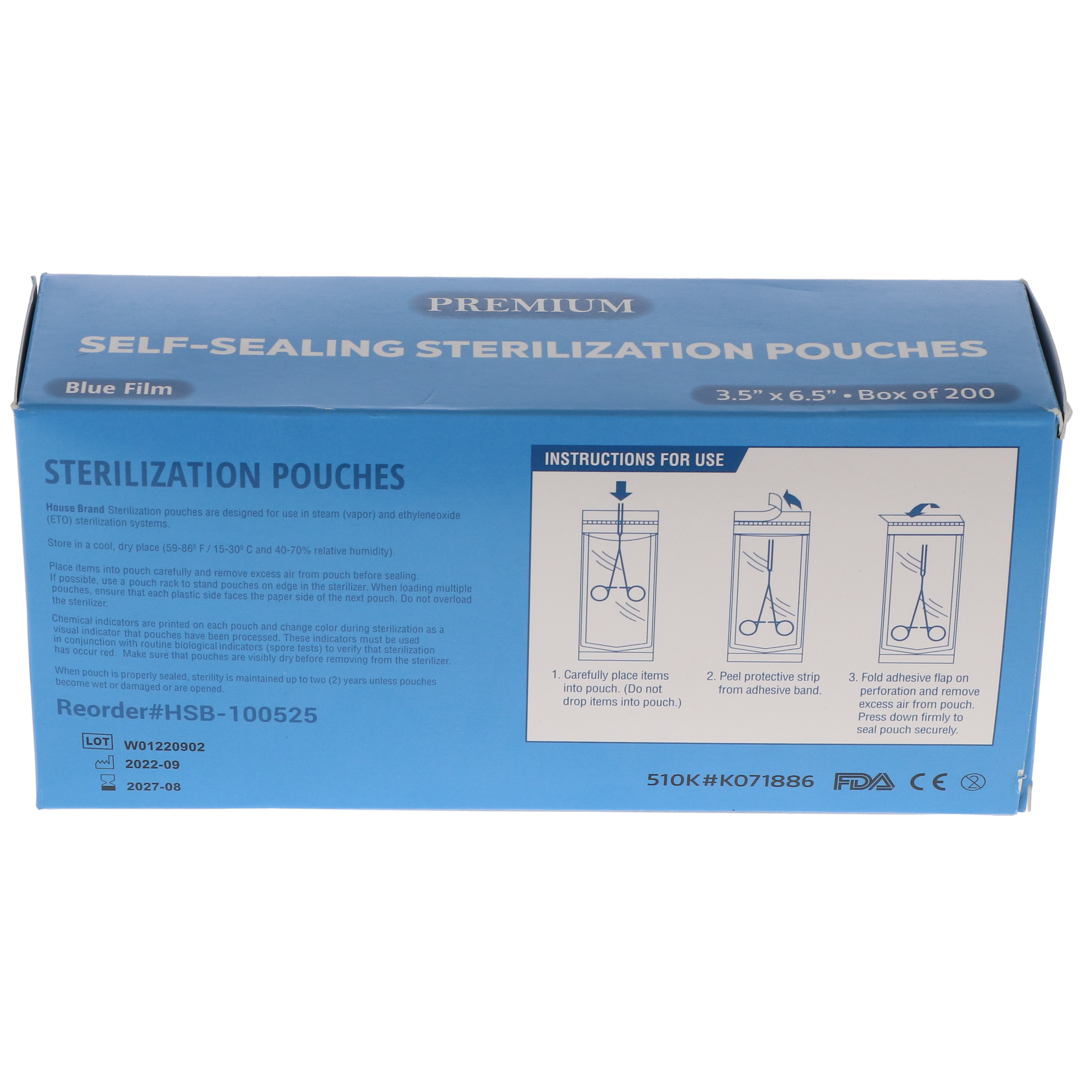 House Brand Dentistry 100525 Paper/Blue Film Self-Sealing Sterilization Pouches 3.50 House Brand Dentistry 100525 Paper/Blue Film Self-Sealing Sterilization Pouches 3.50